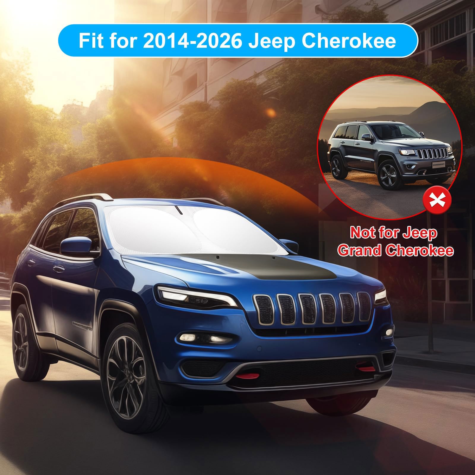 SHINEHOME in parked Cherokee outdoors illustrating sun reflection and cabin cooling