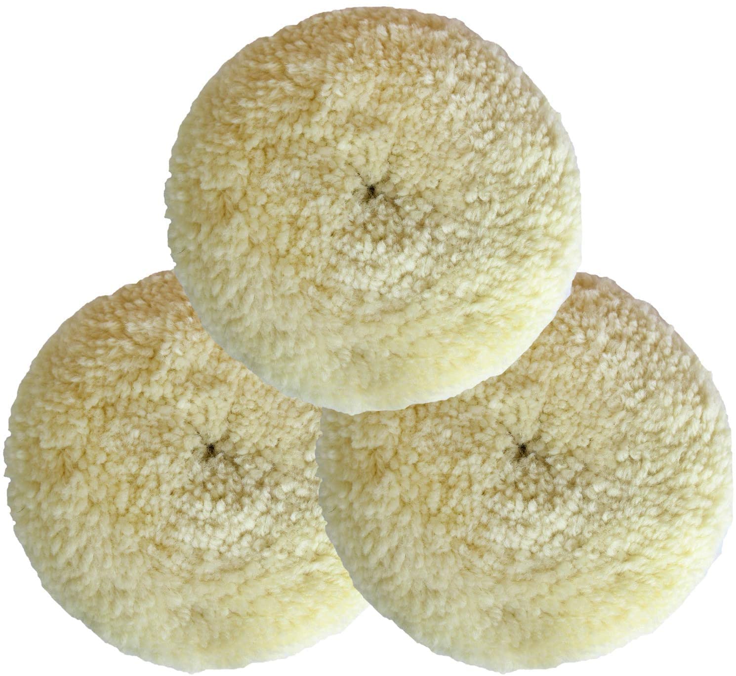 Shineyoo front view of three 7-inch wool buffing pads, shows kit benefit of ready-to-use cutting