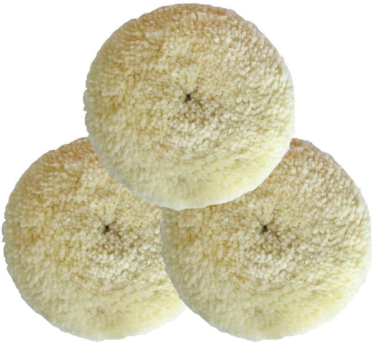 Shineyoo front view of three 7-inch wool buffing pads, shows kit benefit of ready-to-use cutting