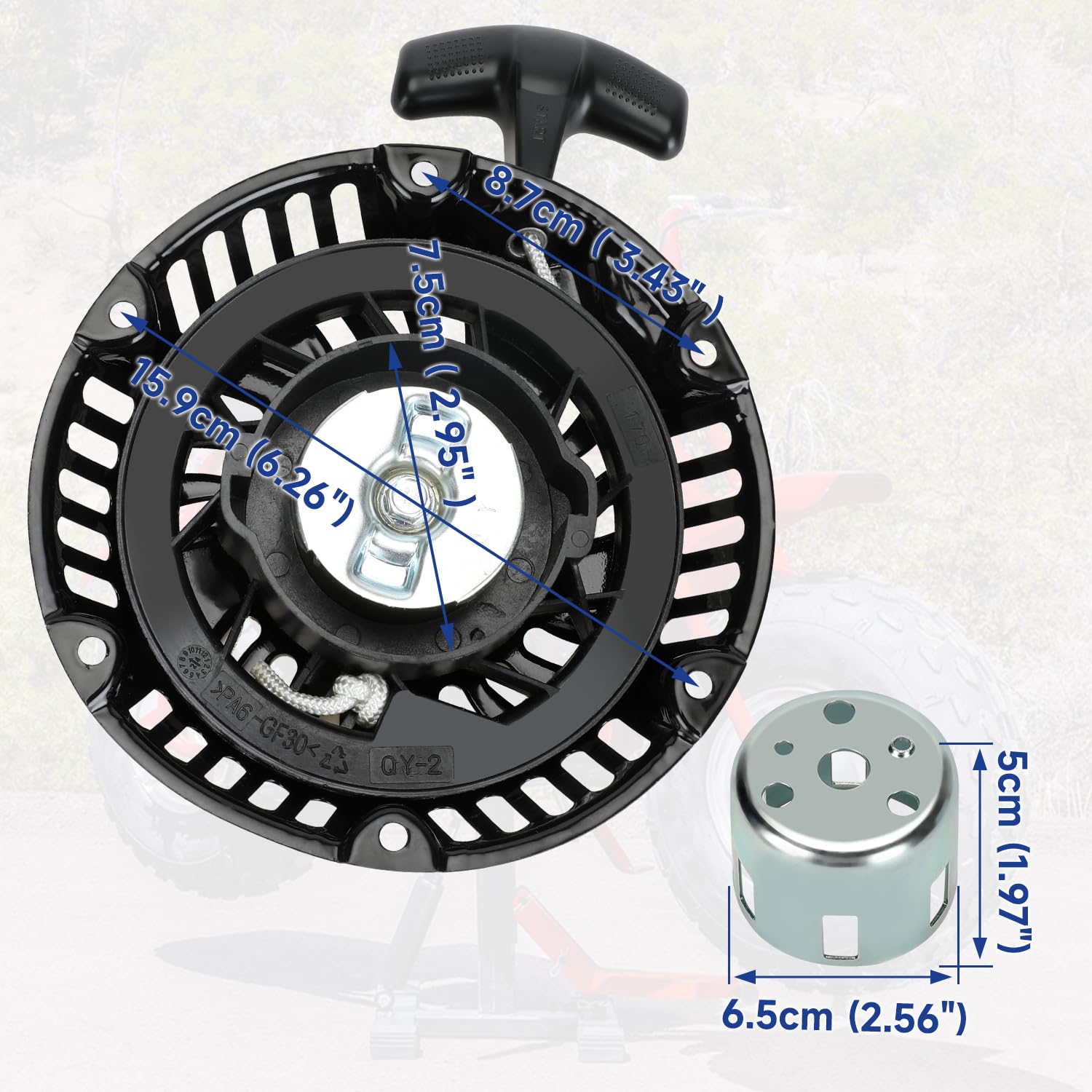 SHIQINHA pull starter next to a hand to show compact size and ease of handling