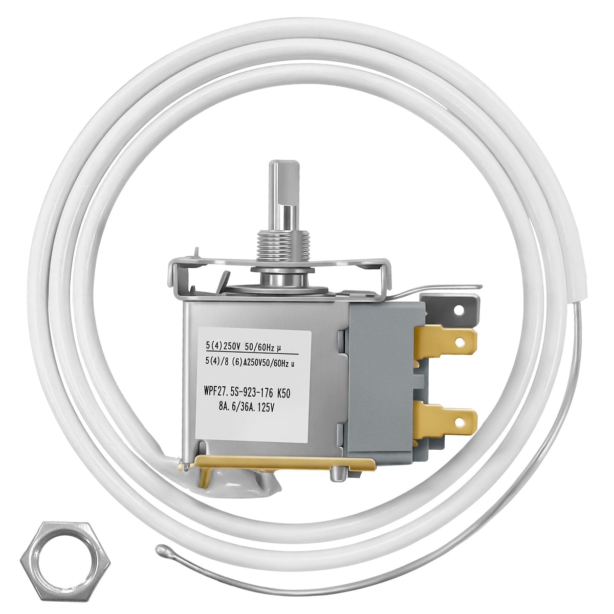 showingo front view of RF-7350-101 thermostat showing mounting and terminals, ensures correct fit
