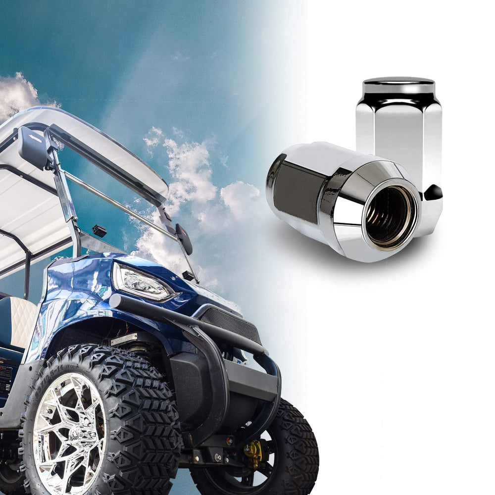 Shu-Ran lug nuts on a parked golf cart showing finished look and style upgrade