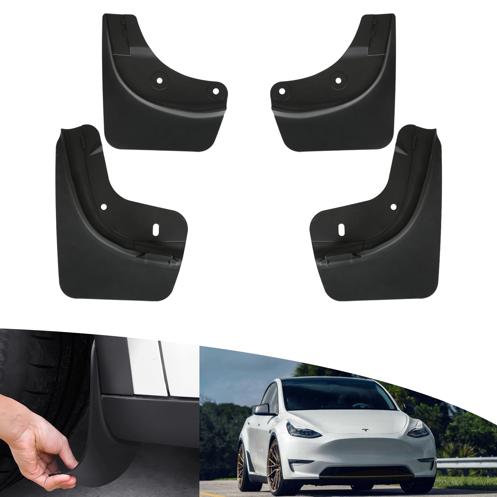SIGLIN front left mud flap on Model Y showing OEM fit and protection