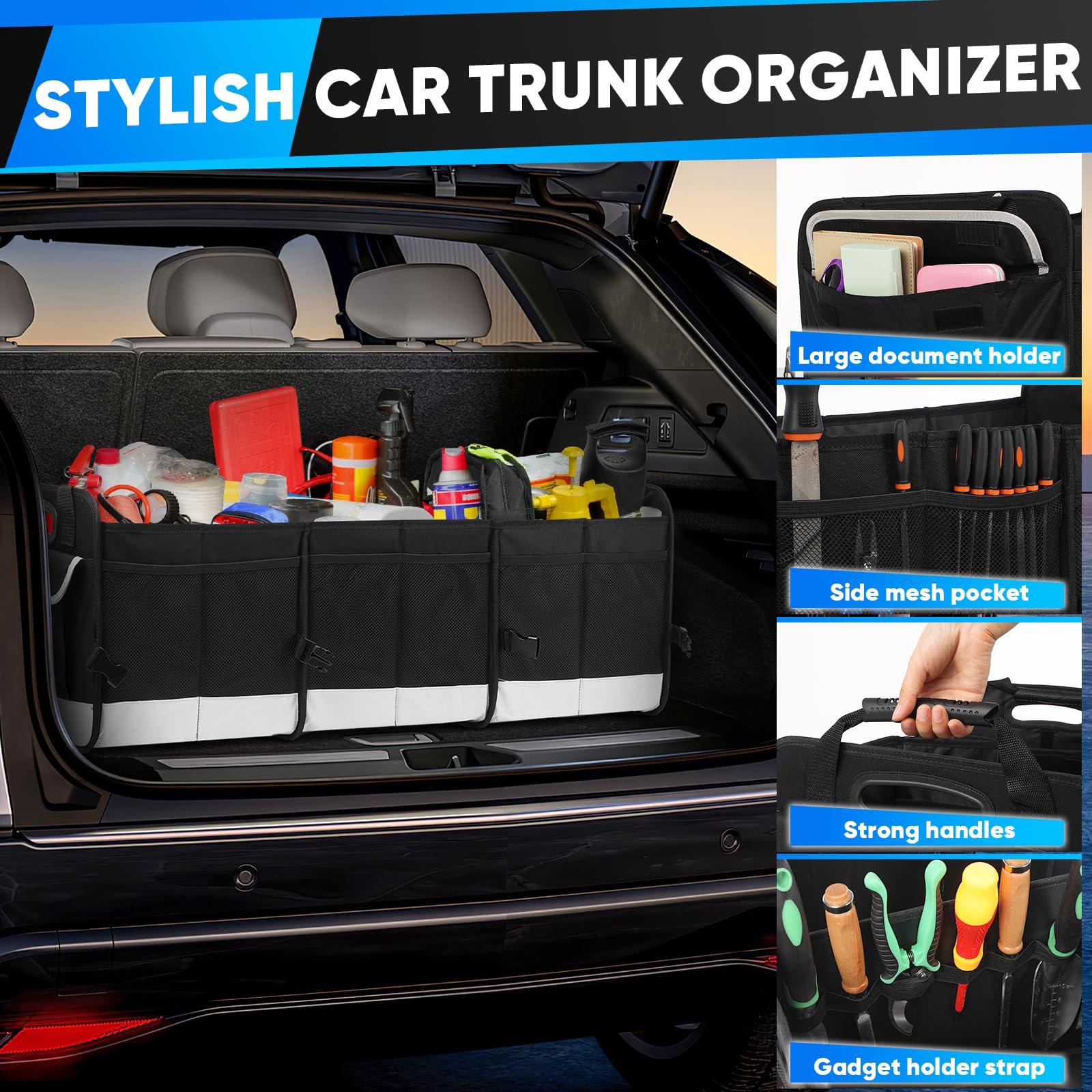 Simniam in-car lifestyle setup with organizer securing groceries and gear