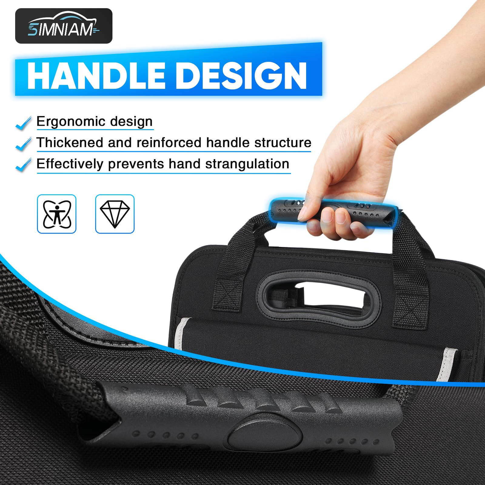 Simniam reinforced rubber handle close-up for comfortable carrying and grip