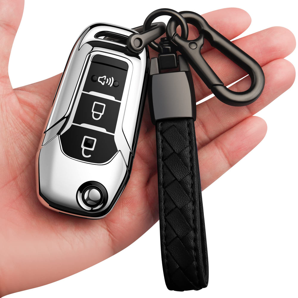 Sindeda front view showing silver cover and button access, protects remote