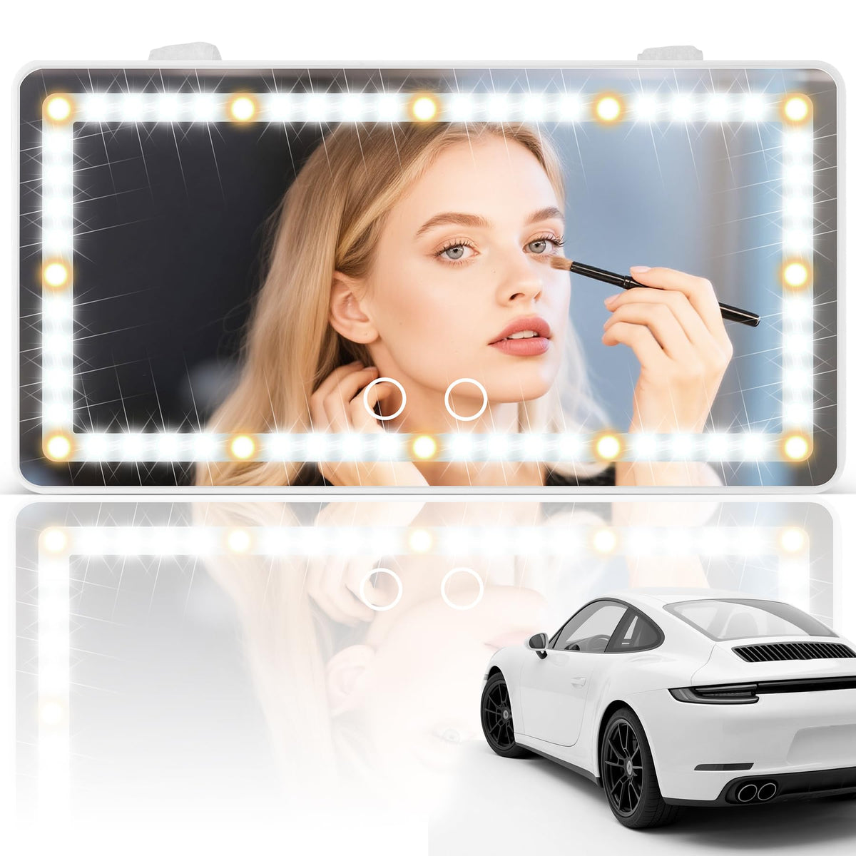SINGARO front view of sun visor mirror showing sleek profile and bright LEDs for flawless touch-ups