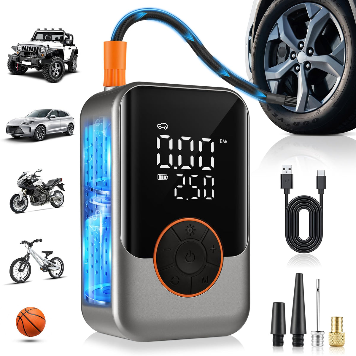 SINGARO inflator front view showing compact portable design and easy storage