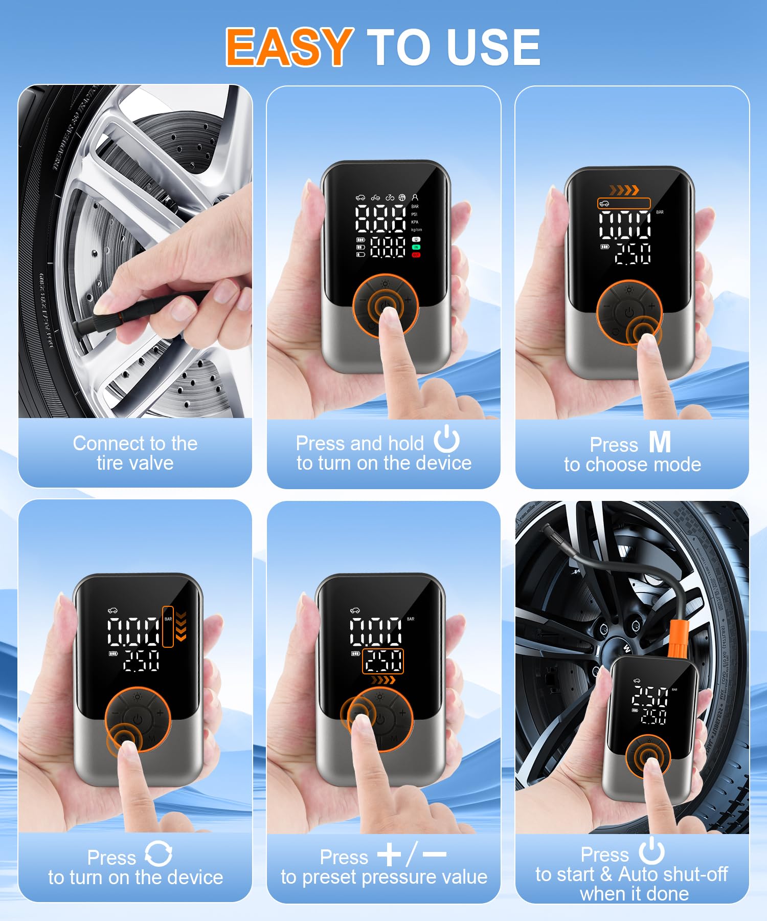 SINGARO inflator attached to car tire demonstrating fast inflation benefit