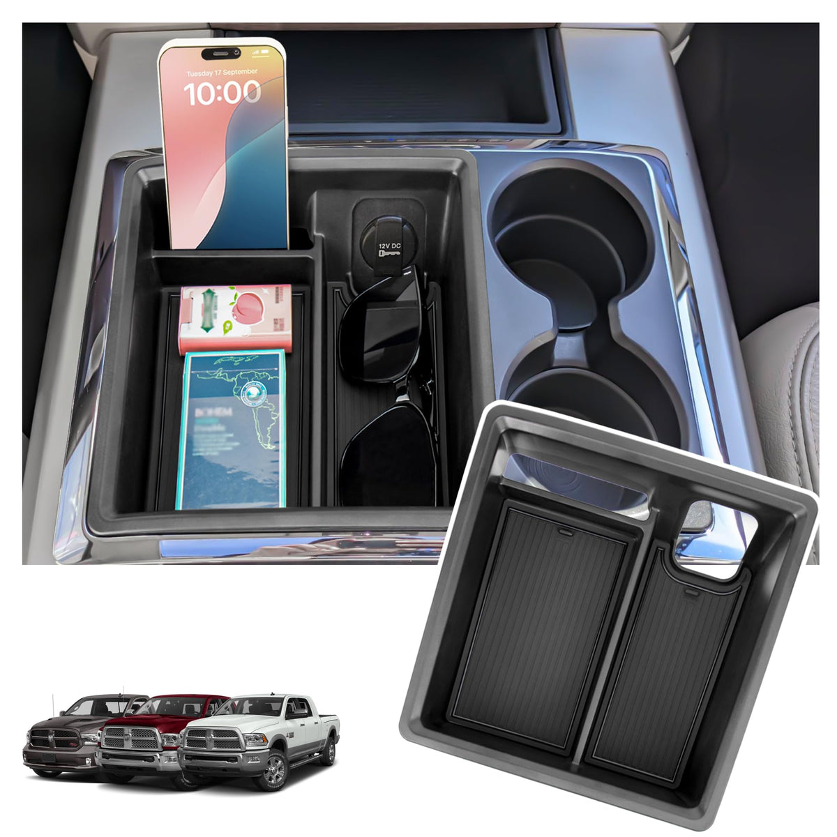 Sinminou front view of center console tray showing organized compartments and durability