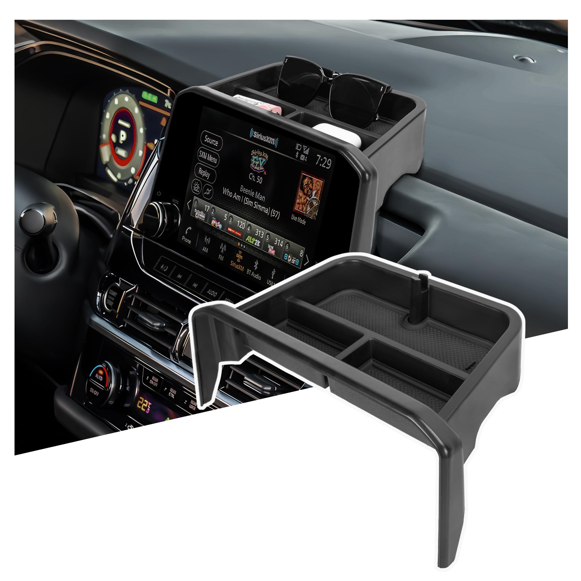 Sinminou dashboard tray front view showing neat storage benefit