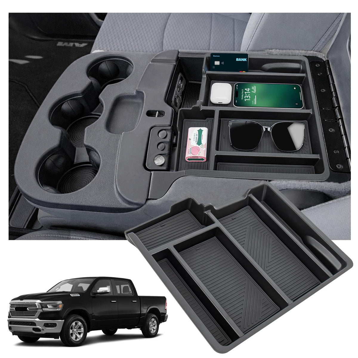 Sinminou front view of console organizer showing neat storage benefits