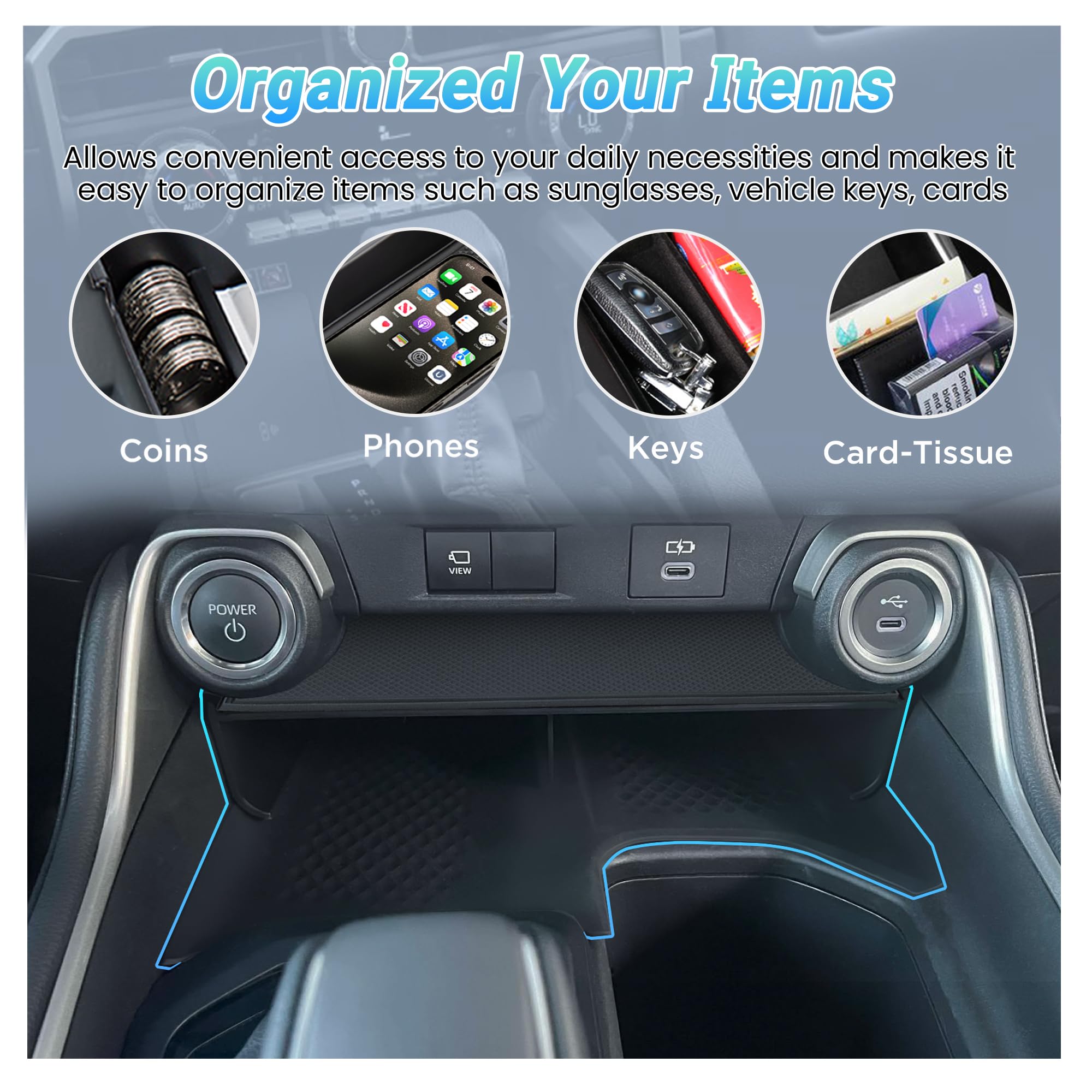 Sinminou size comparison with phone and coins showing compartment scale and organization benefit