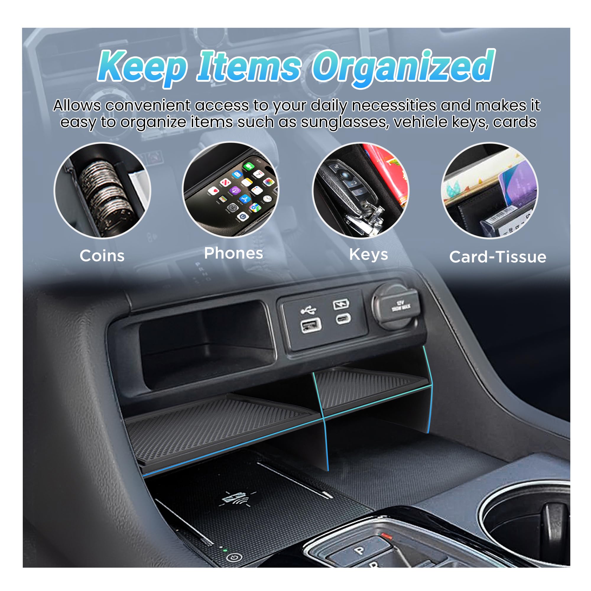 Sinminou with keys and sunglasses showing extra storage and accessibility benefit