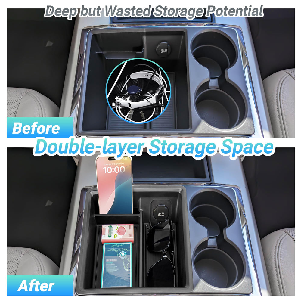 Sinminou tray installed in Dodge Ram bucket-seat console improving access and order