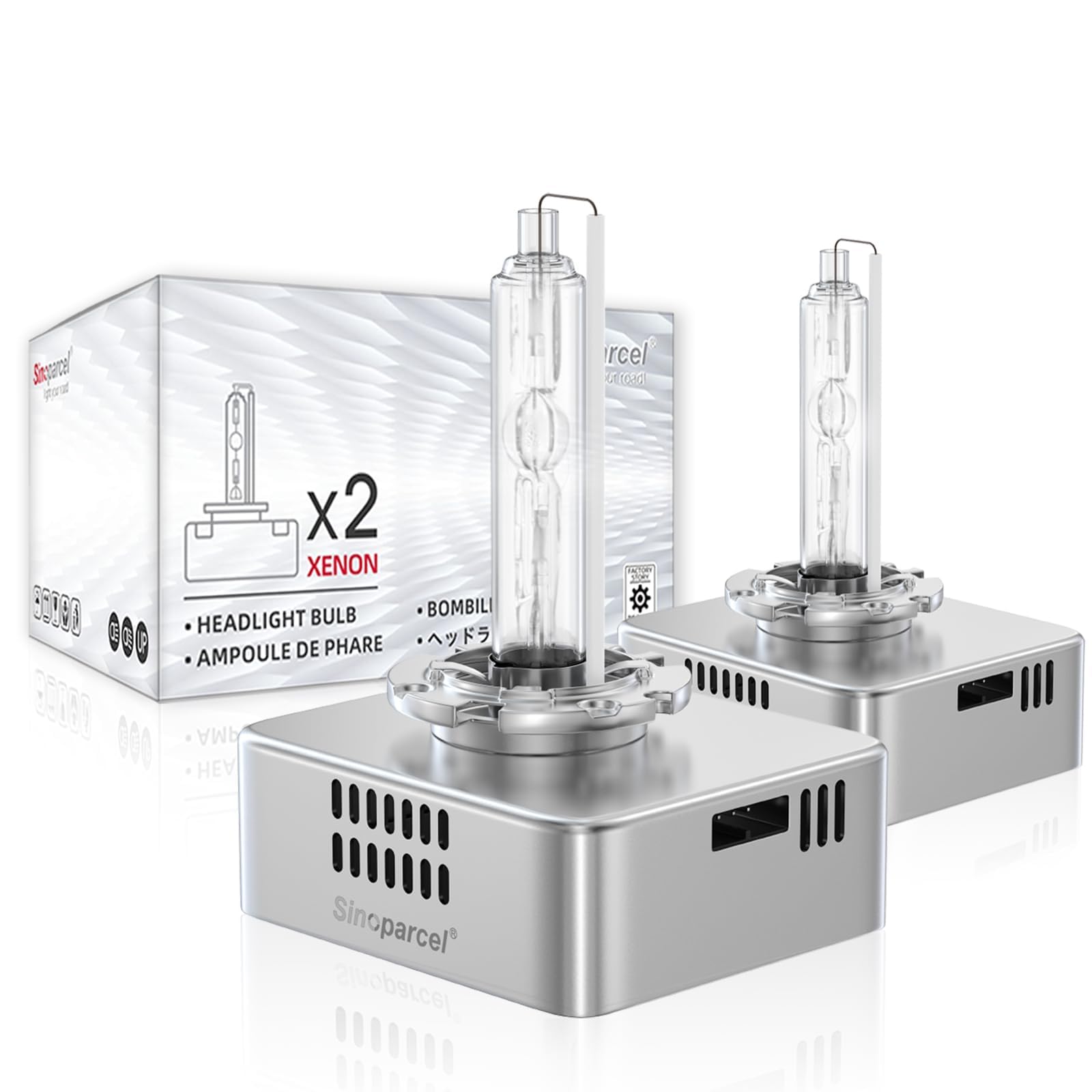 Sinoparcel front packaging showing two D5S bulbs and connectors for easy replacement