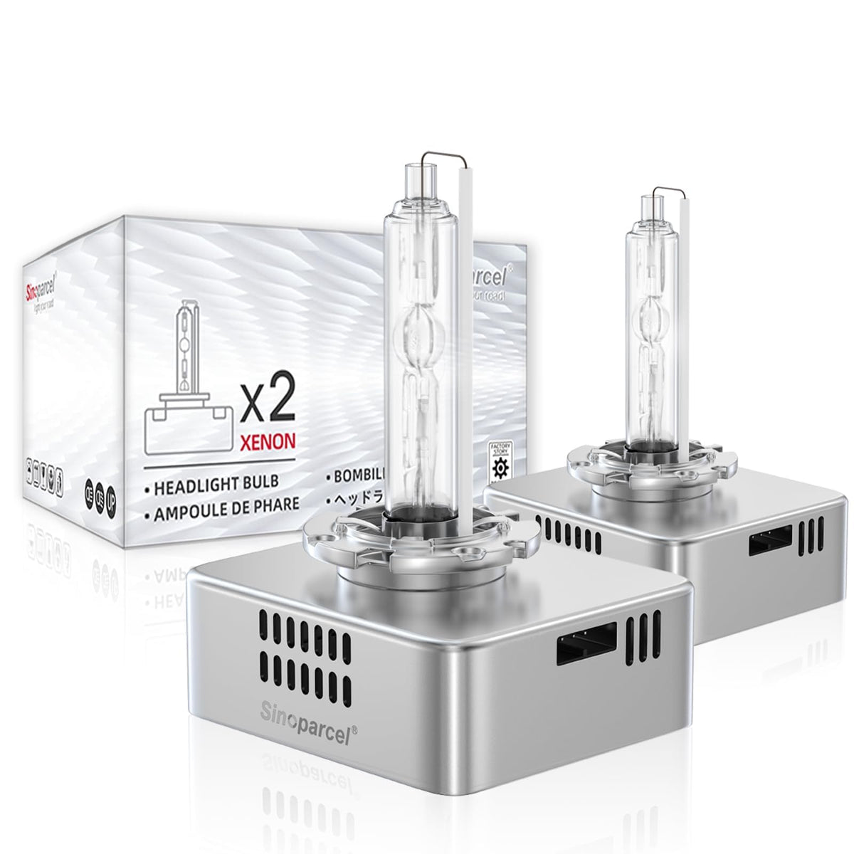 Sinoparcel front packaging showing two D5S bulbs and connectors for easy replacement