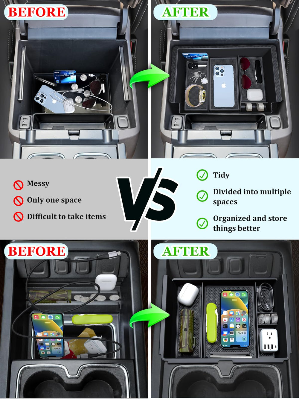 Sinvanho organizer installed in Silverado console for neatness
