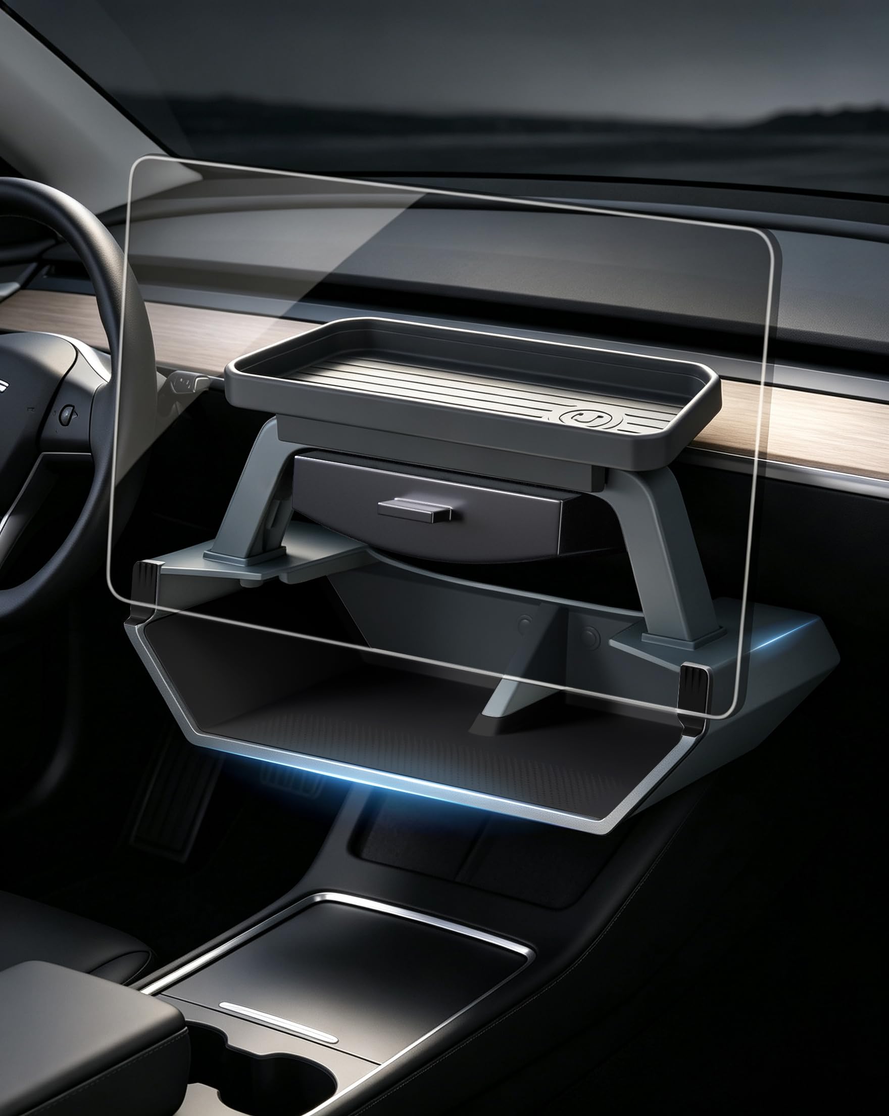 SirLord front installed under Tesla screen showing neat storage benefit