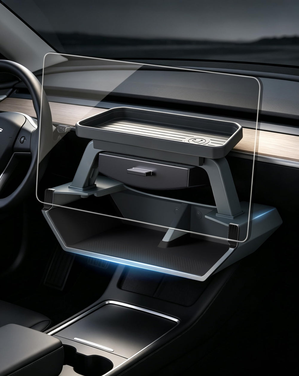 SirLord front installed under Tesla screen showing neat storage benefit