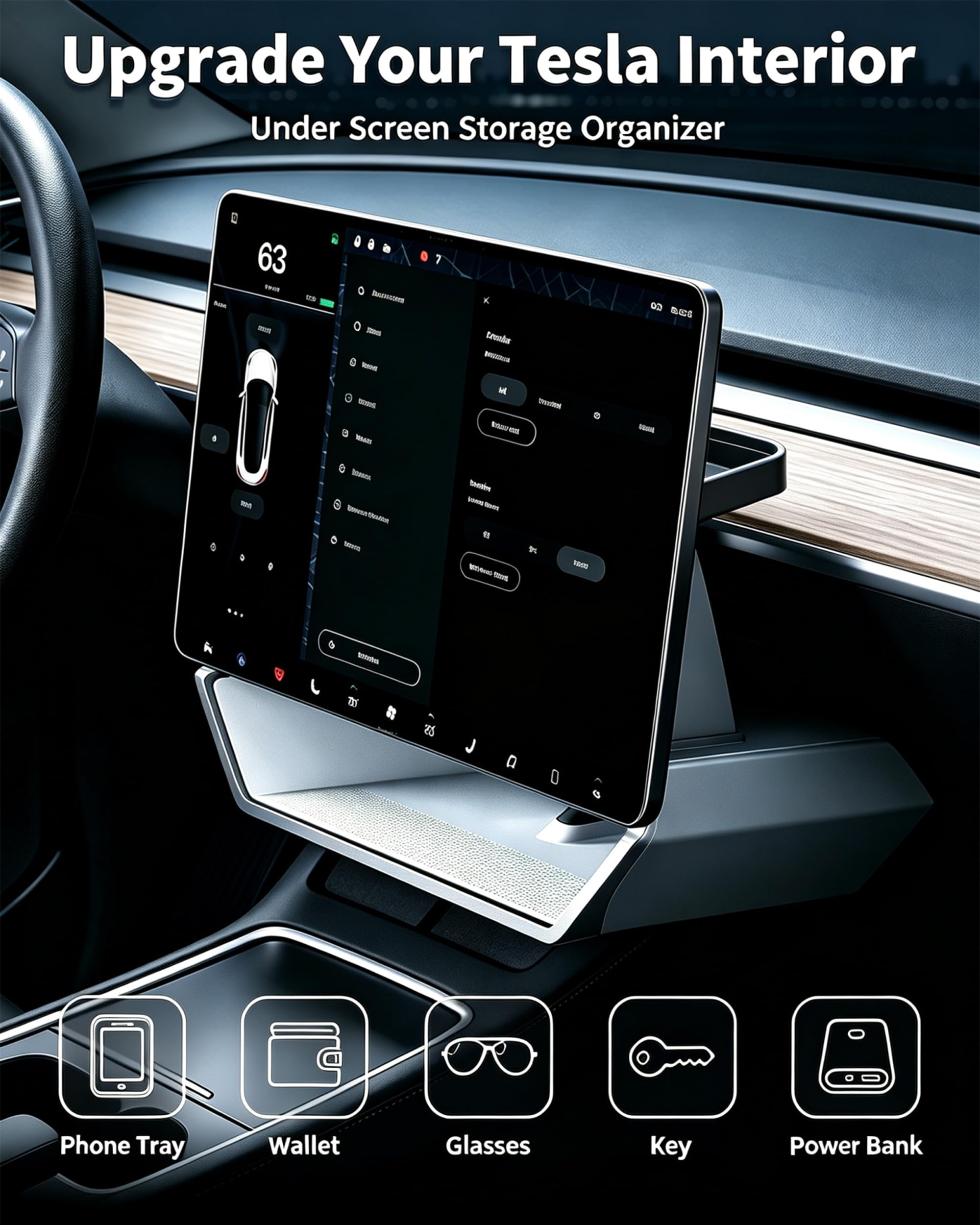 SirLord installed under Tesla screen showing convenient reach and tidy cabin