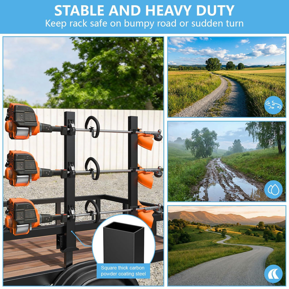SJPULMO rack holding rakes and shovels demonstrating versatile tool storage benefit