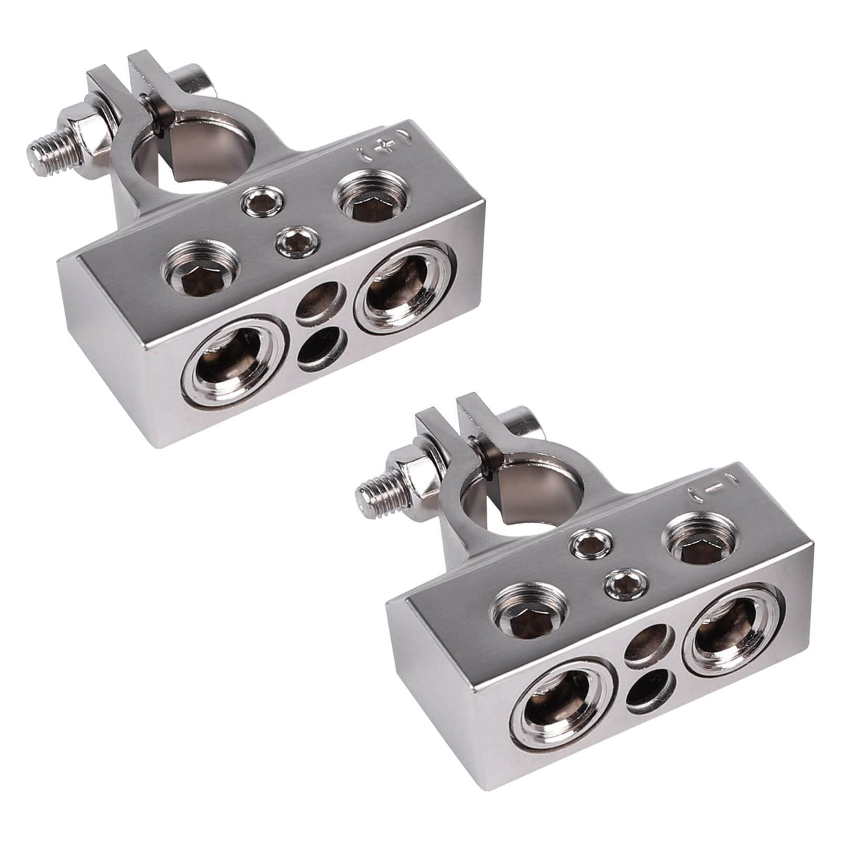 Skar Audio front view of top-post terminal pair showing ports and fit benefit