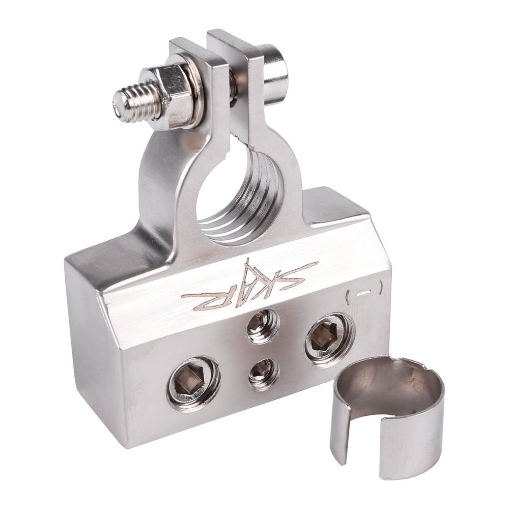 Skar Audio terminals connected to multiple cables showing tidy wiring benefit