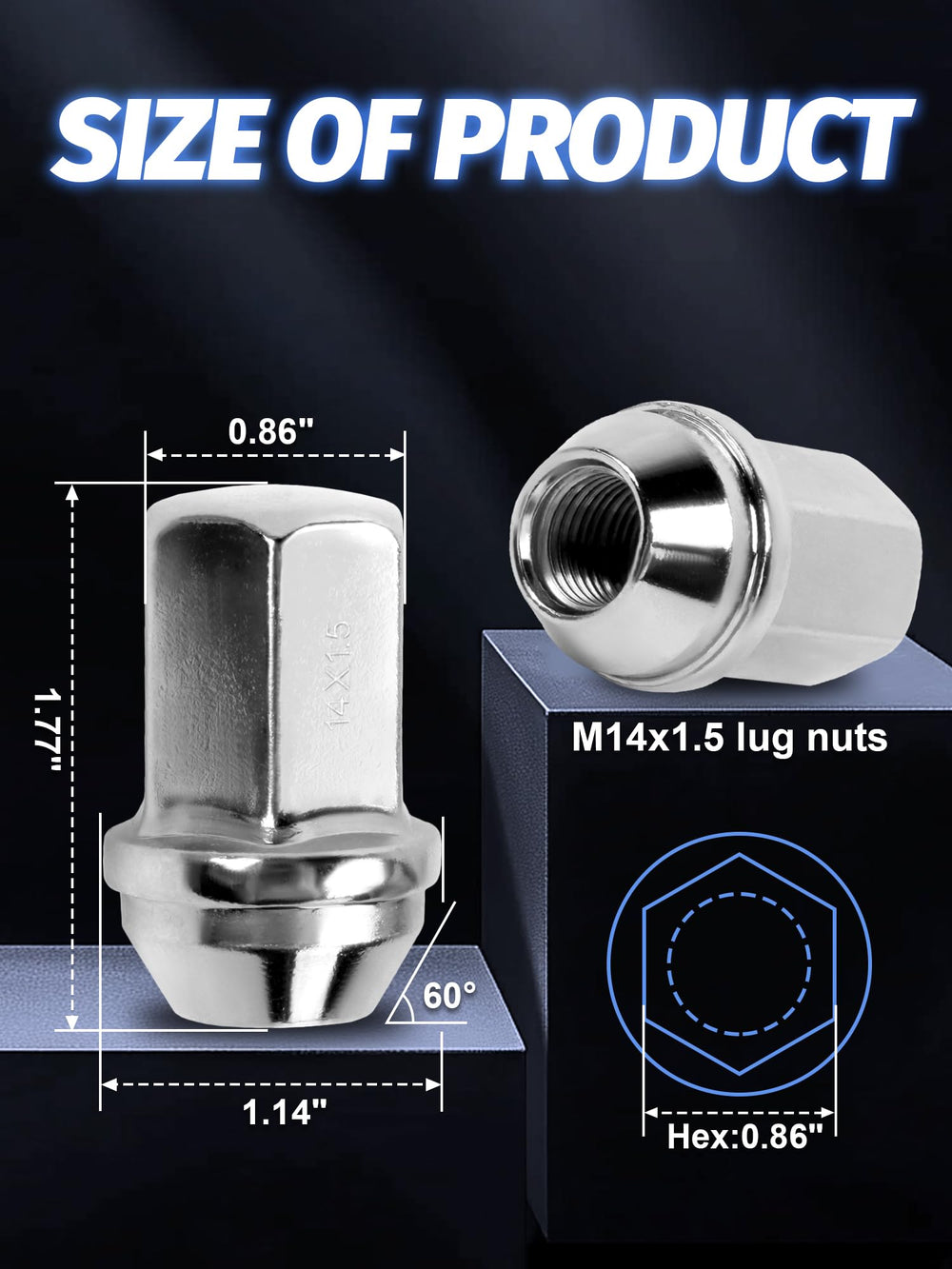 SKCOAUTO close-up of M14x1.5 threads and 60° acorn seat for secure fit