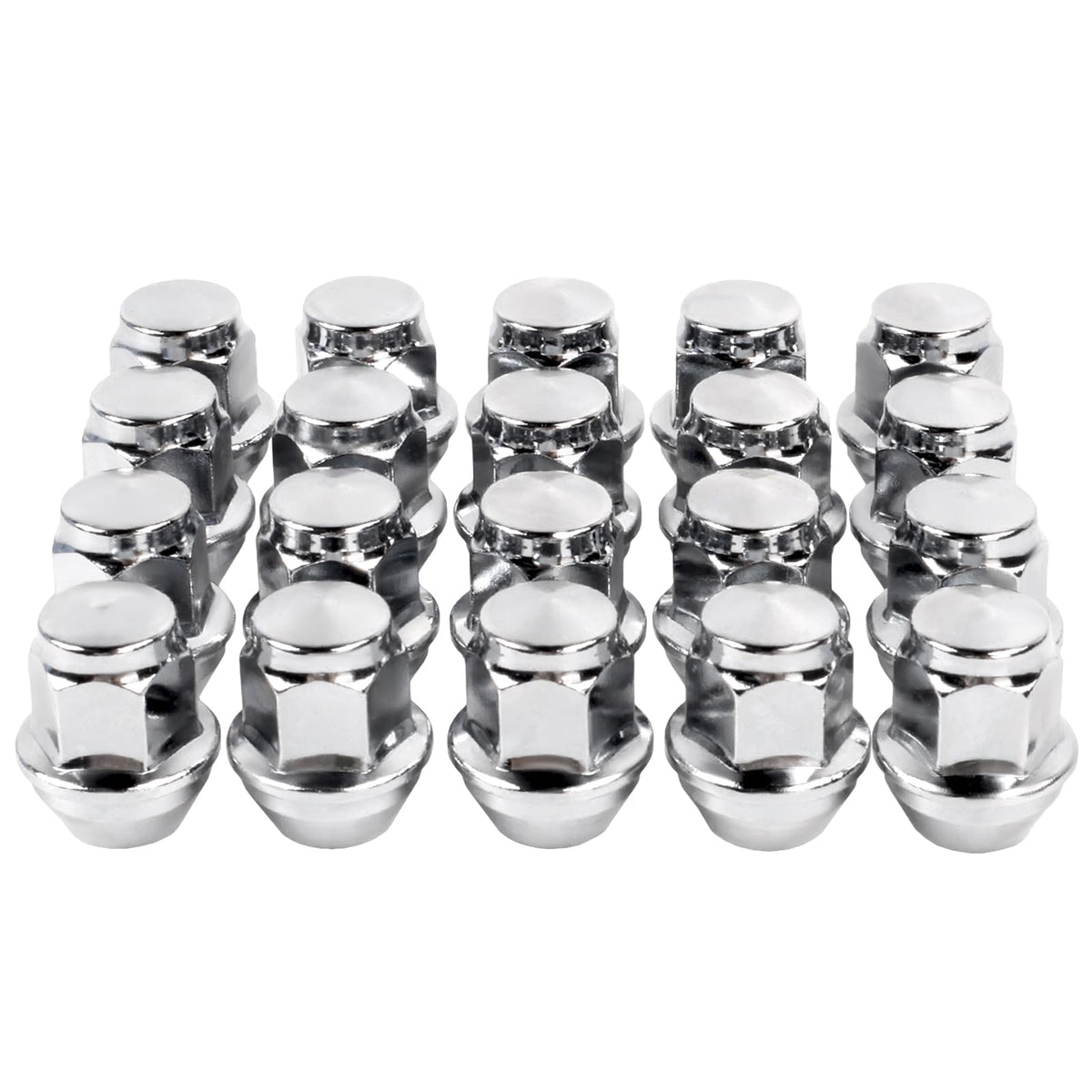 SKCOAUTO front view of 20 chrome M12x1.5 lug nuts showing complete set and fit