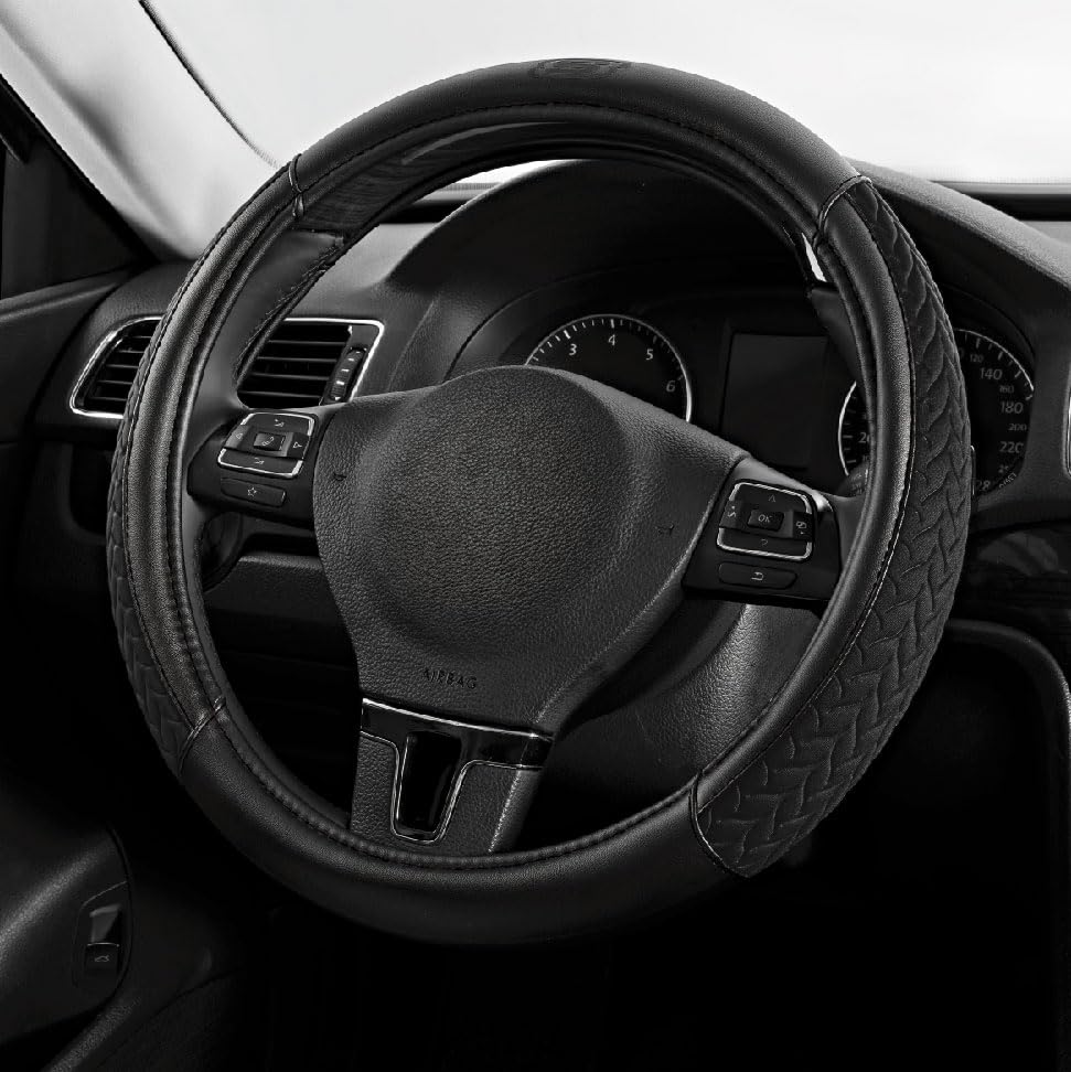Skechers front view of black steering wheel cover showing fit and finish