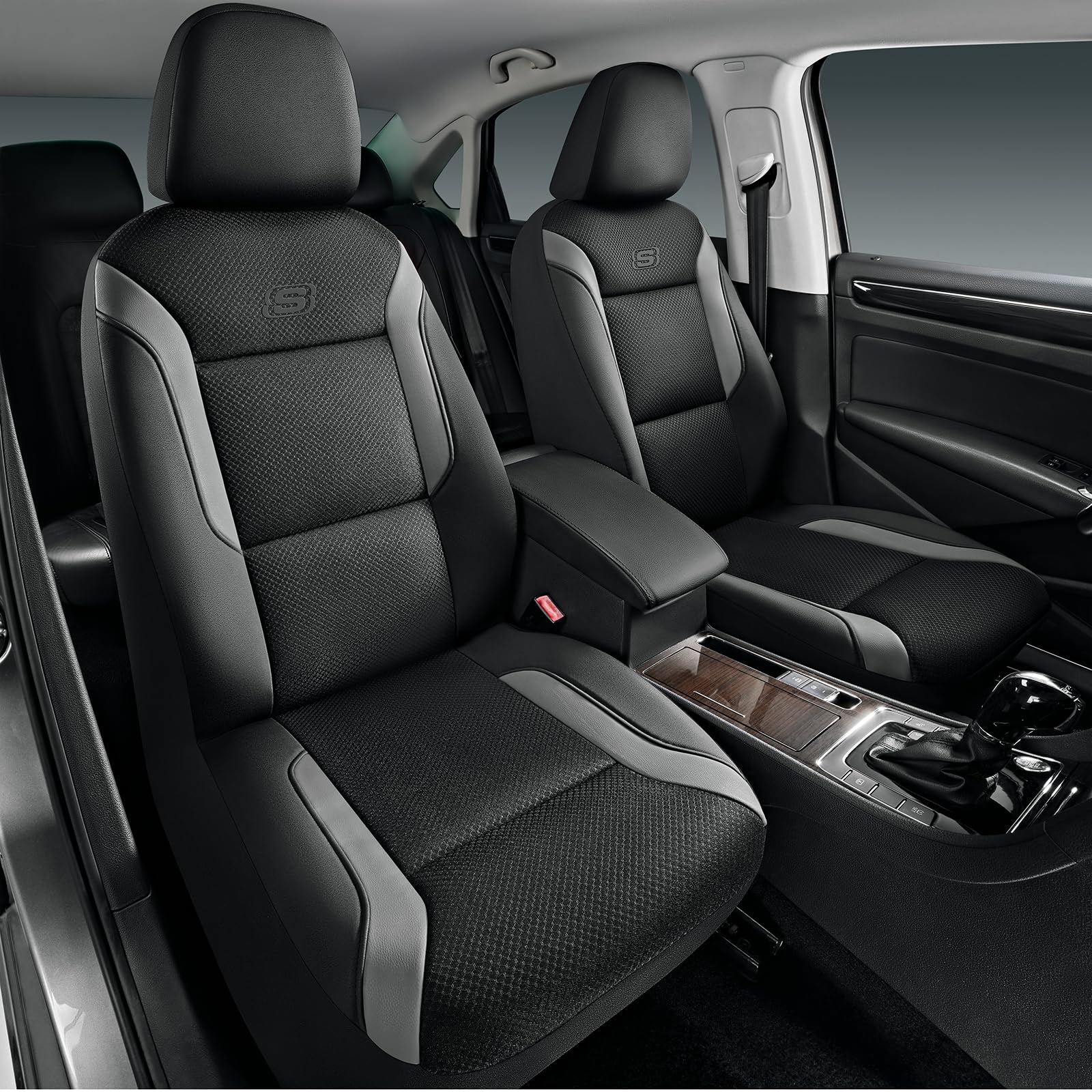 Skechers front seat covers showing full gray fit and protection