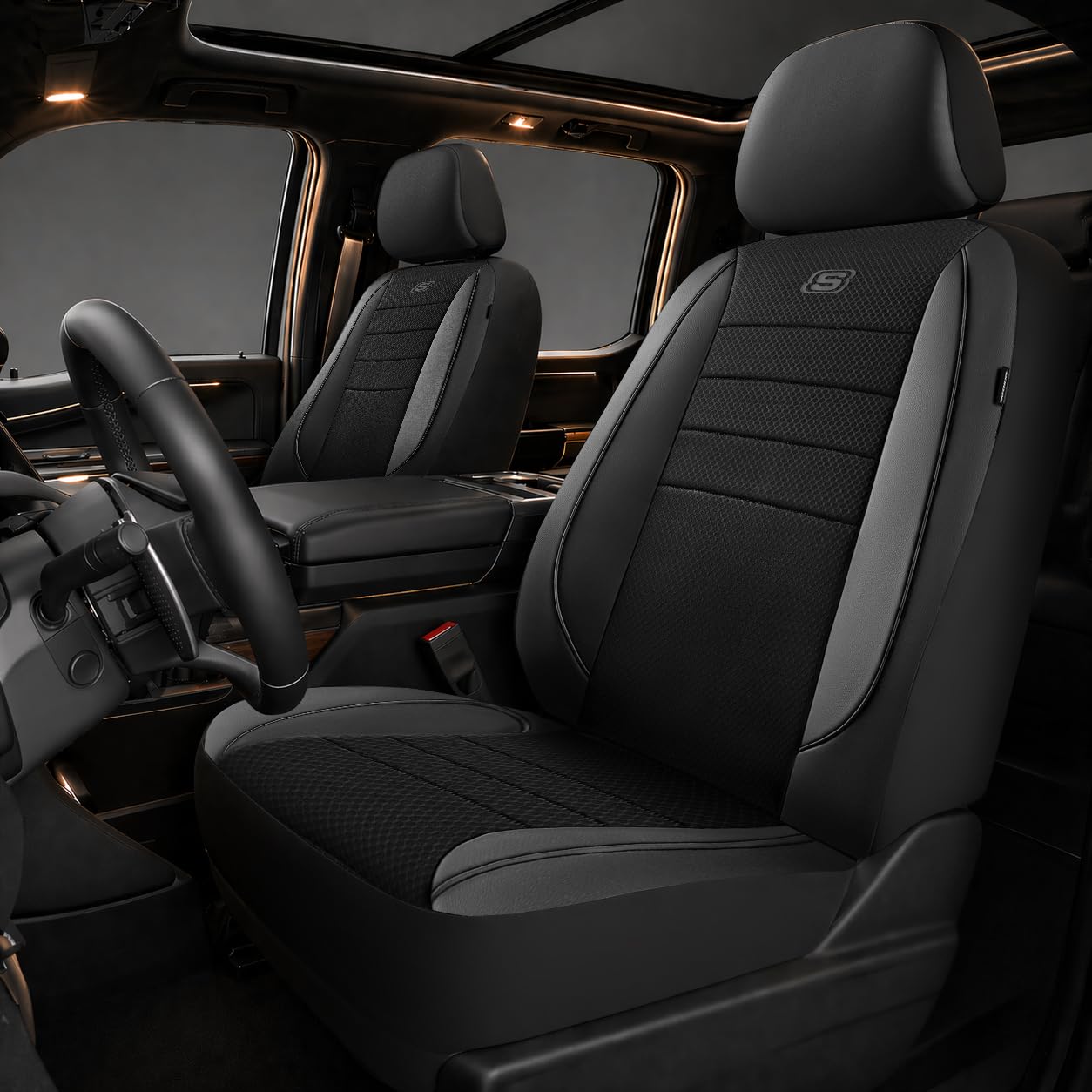 Skechers full view front seat cover showing fit and style for comfort