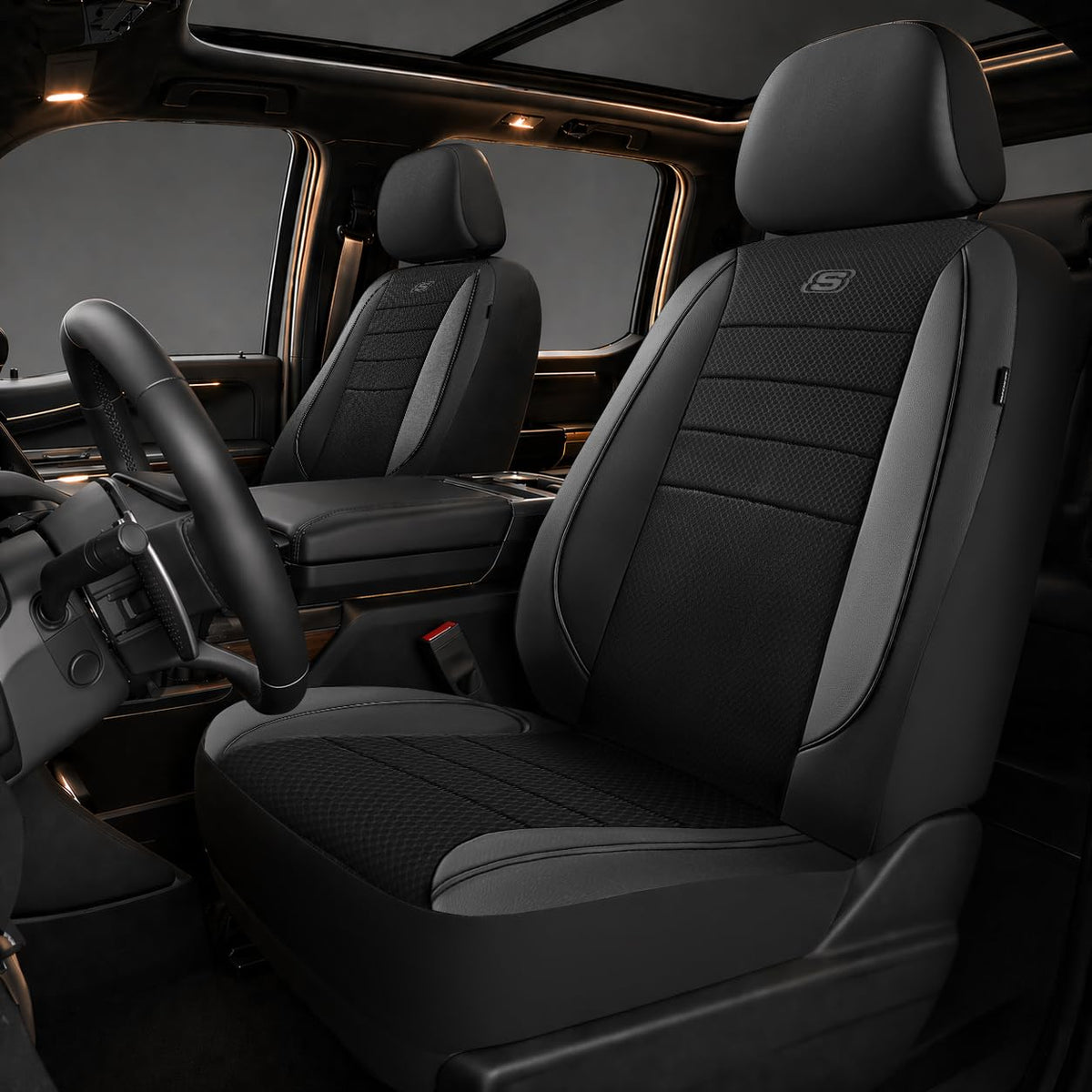 Skechers full view front seat cover showing fit and style for comfort