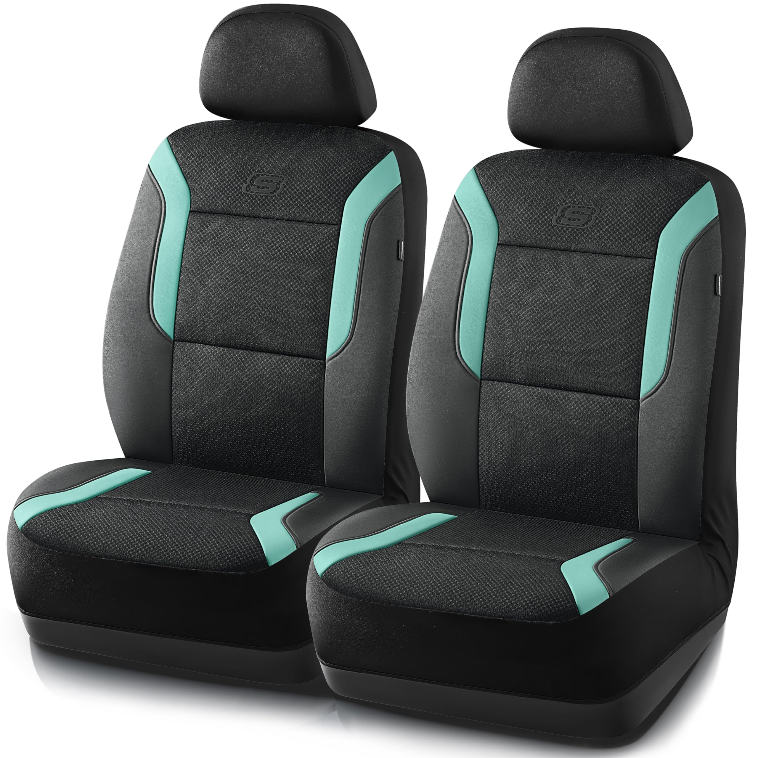 Skechers front seat cover full view showing fit and green color for upgraded comfort