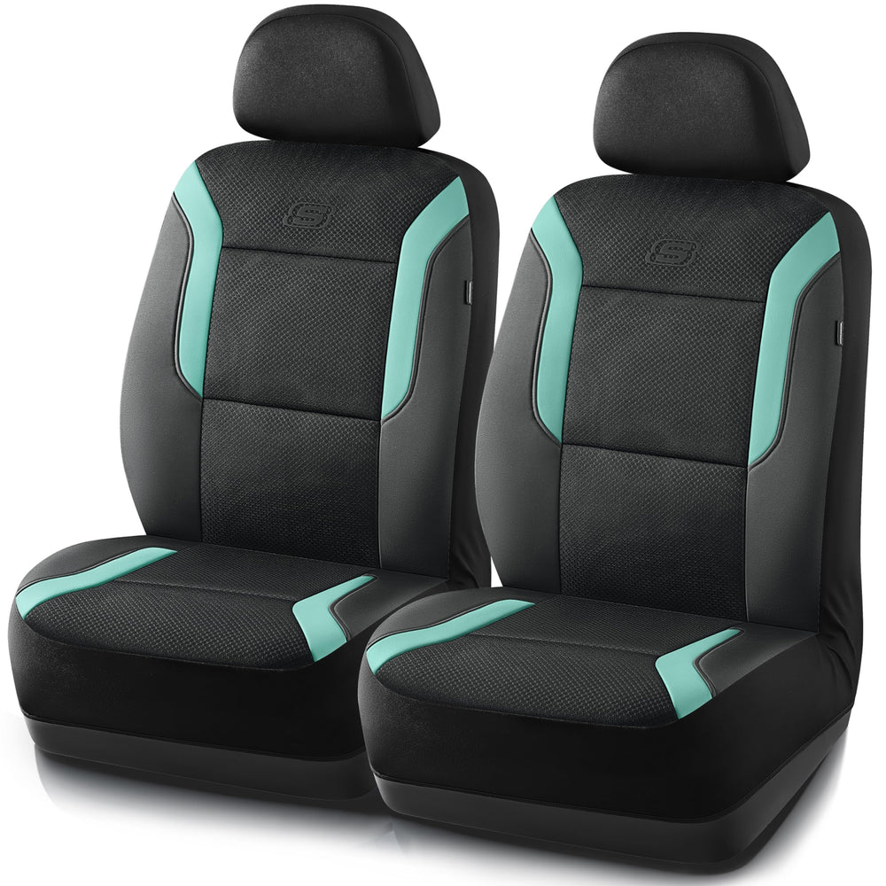 Skechers front seat cover full view showing fit and green color for upgraded comfort