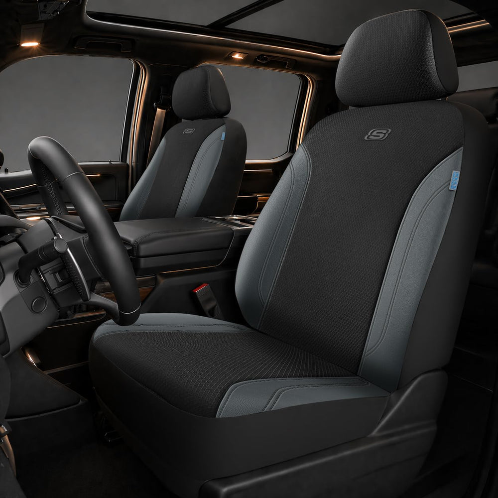 Skechers front seat cover packaging showing product and fit benefits