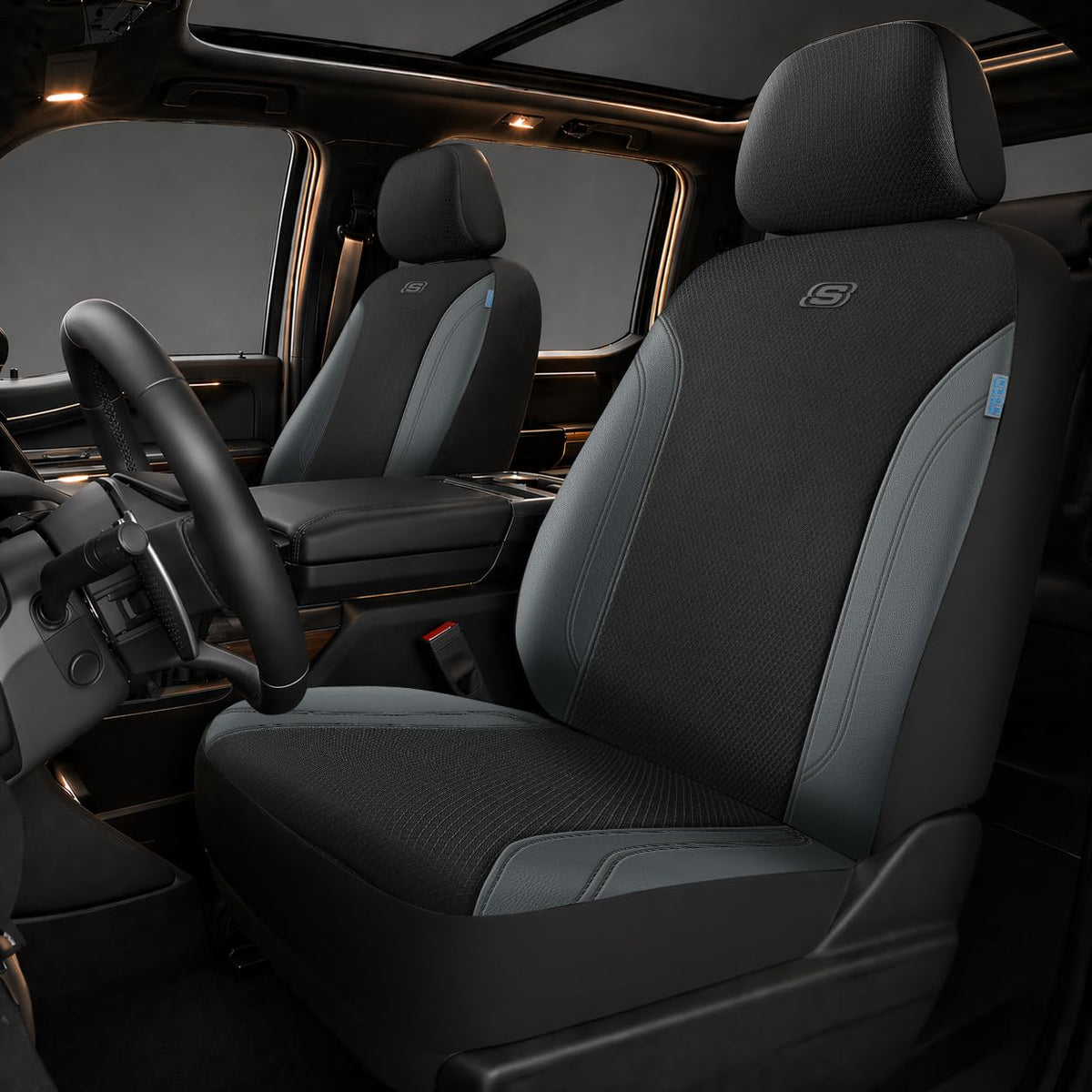 Skechers front seat cover packaging showing product and fit benefits