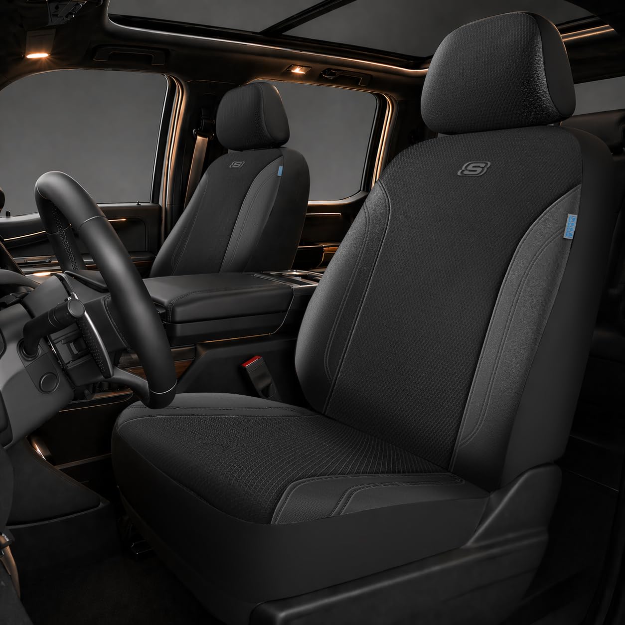Skechers front seat installed showing full coverage and protection benefit