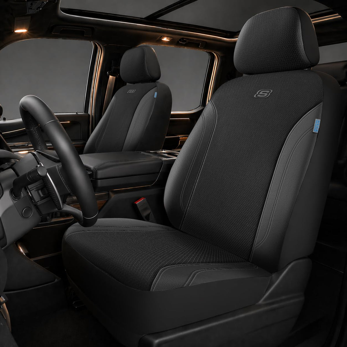 Skechers front seat installed showing full coverage and protection benefit