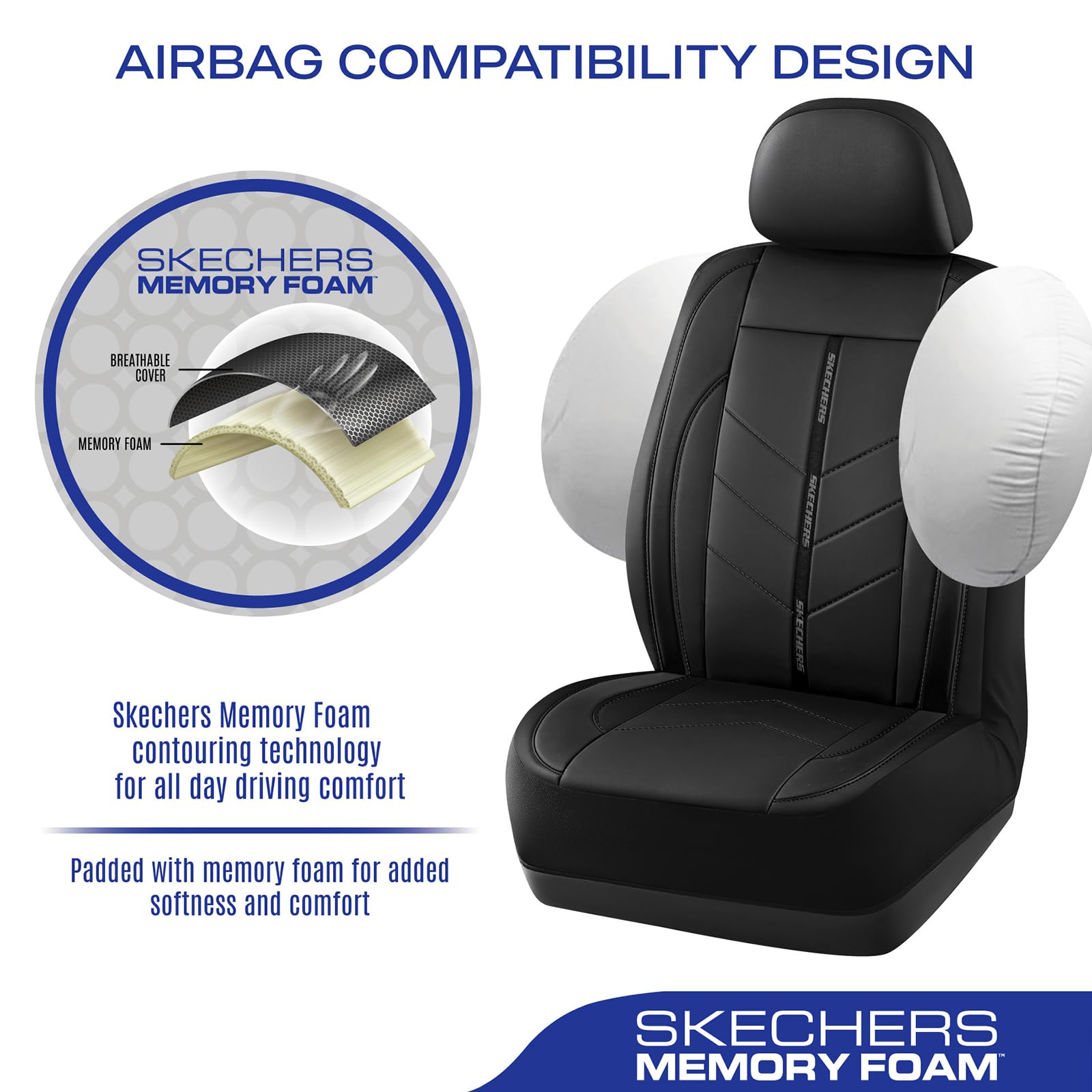 Skechers headrest and airbag openings detail shows safety-compatible design