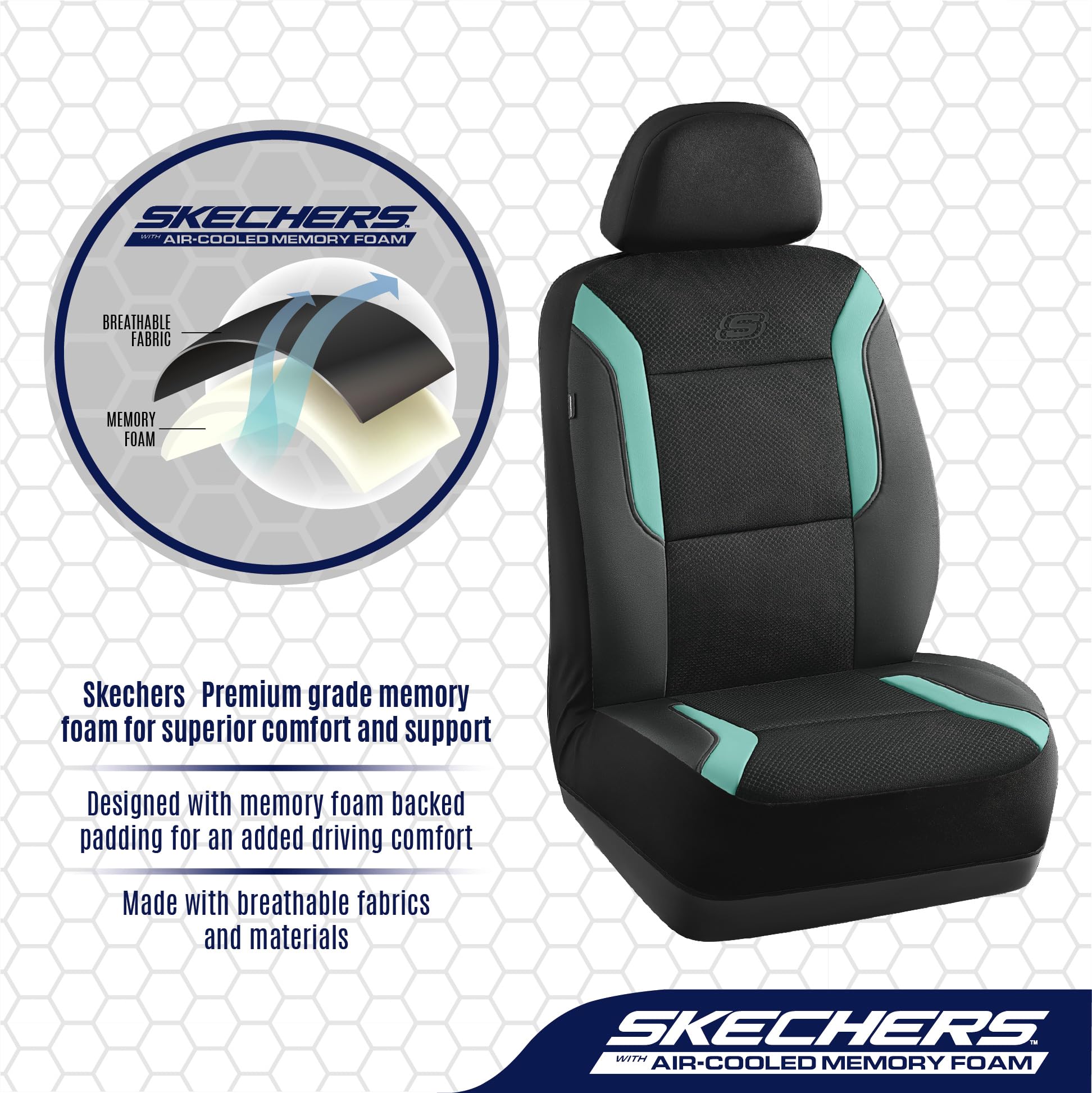 Skechers seat cover installed in SUV lifestyle scene demonstrating comfort and protection