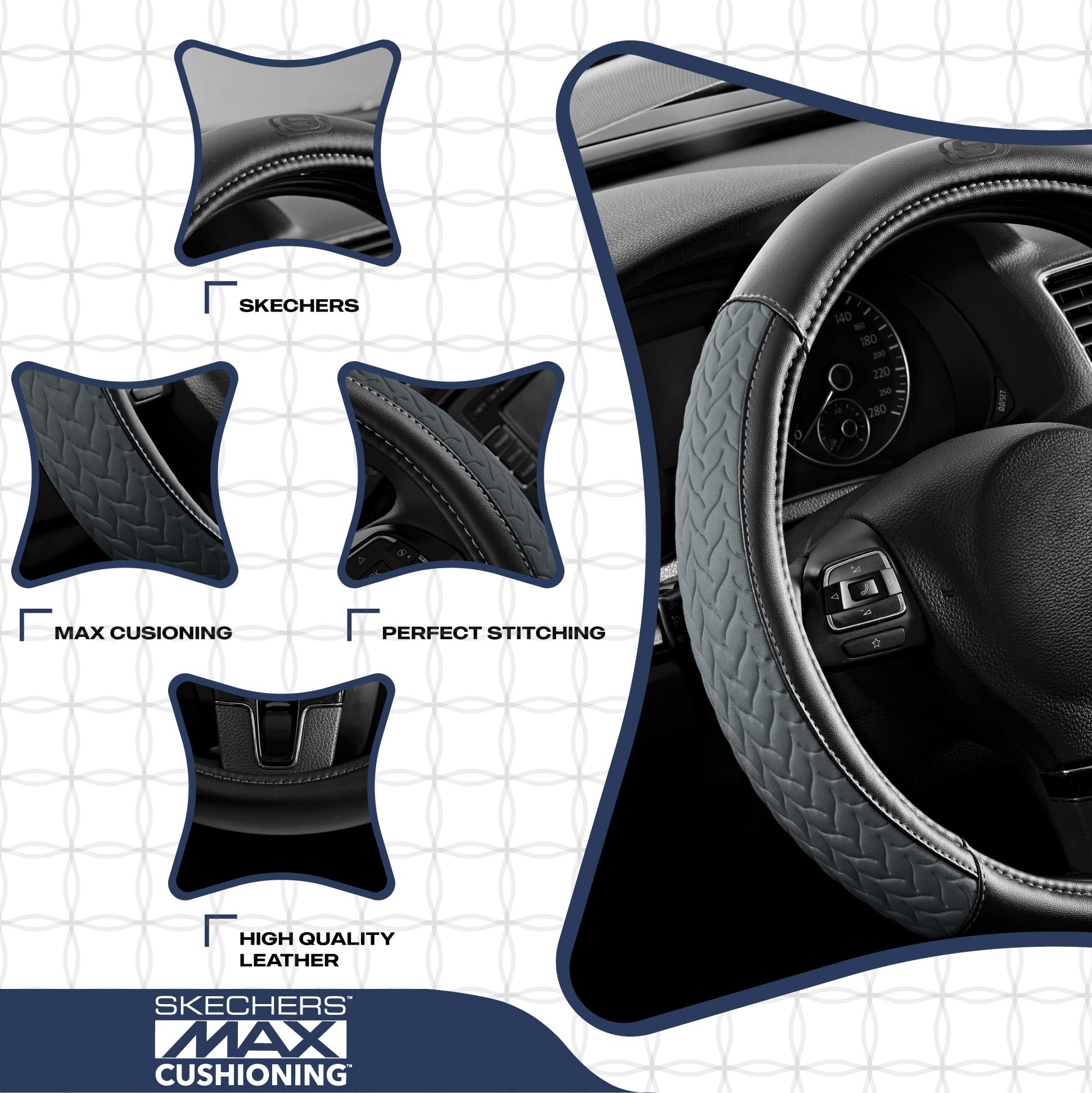 Skechers installed on wheel demonstrating improved grip and driving comfort