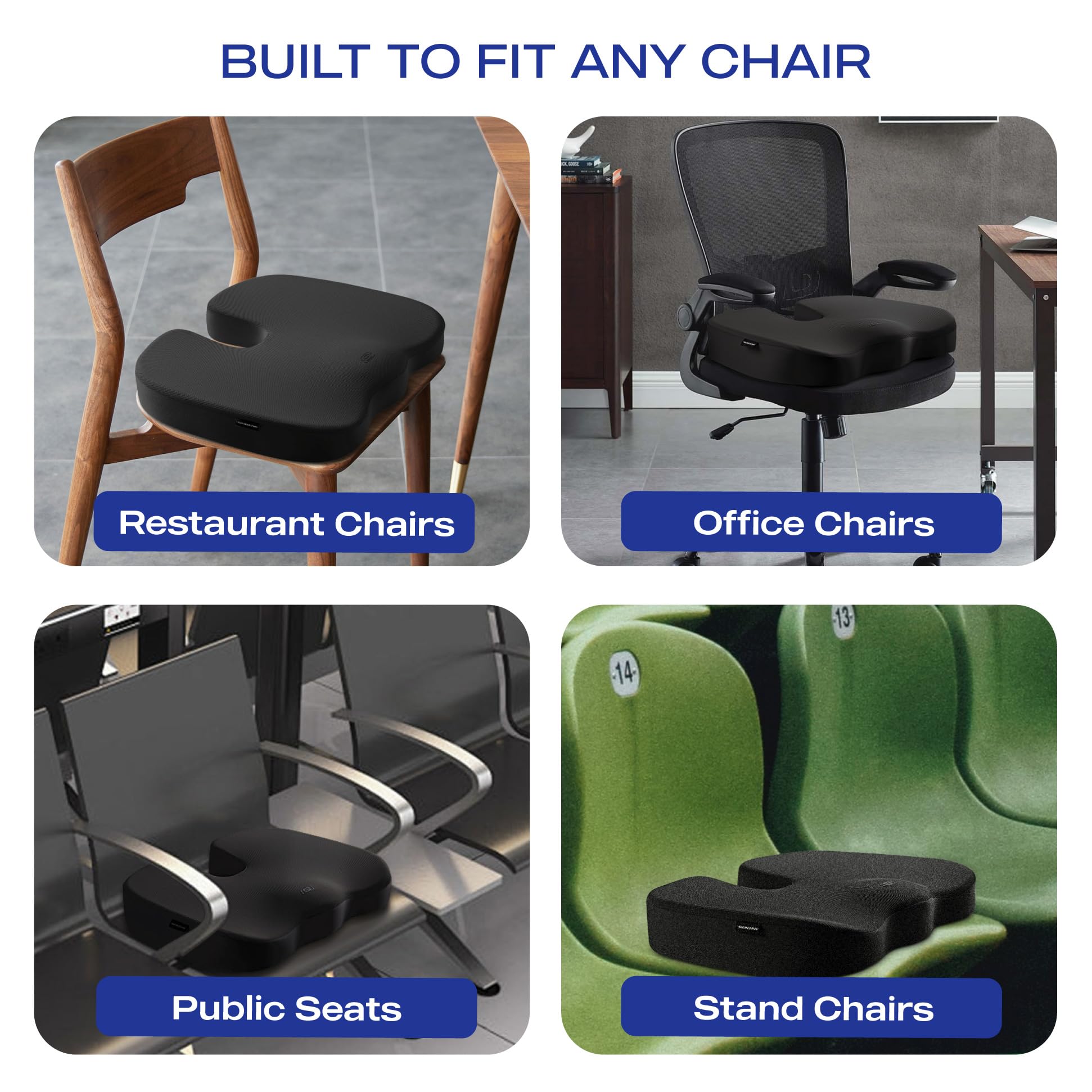 Skechers cushion on office chair showing size and posture benefit