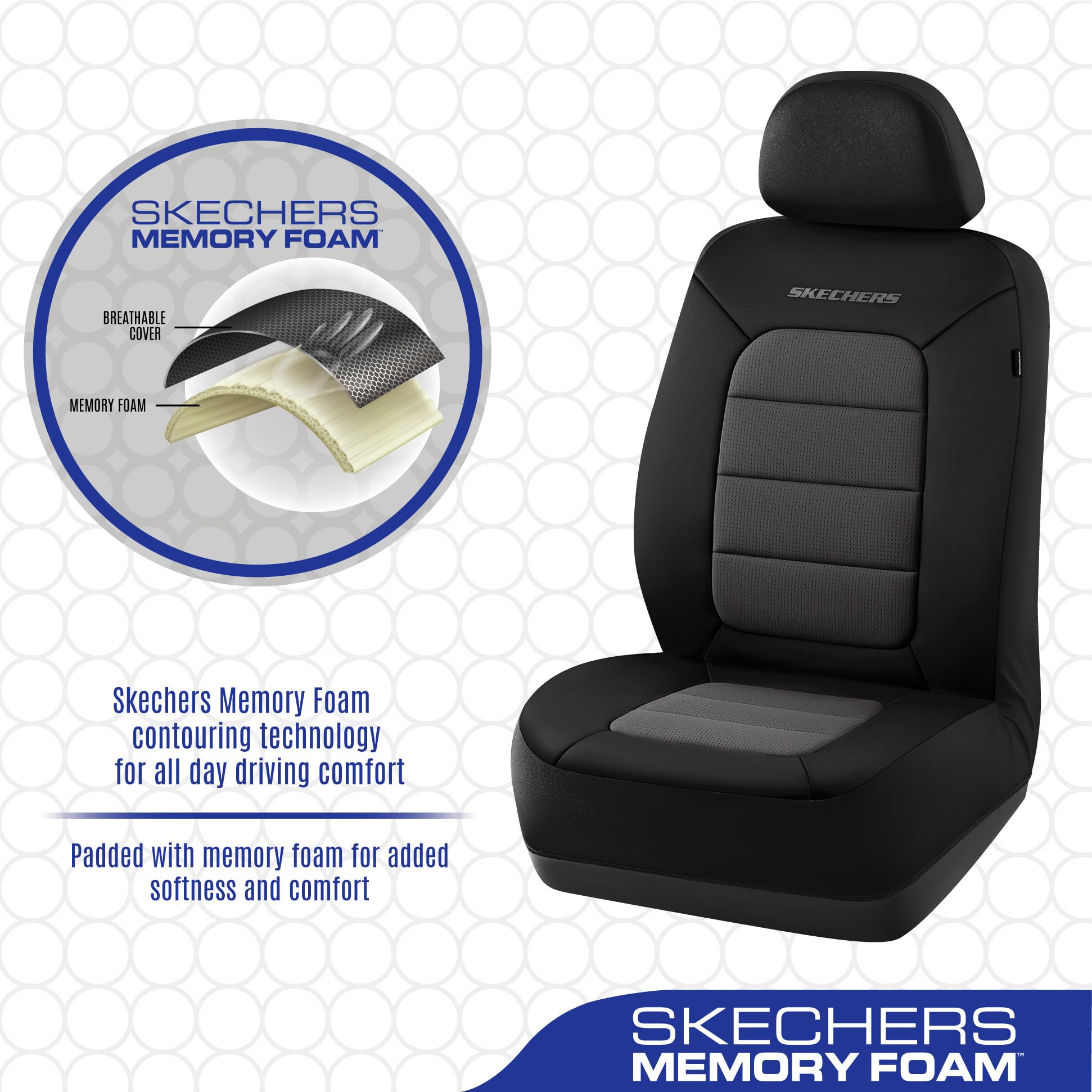 Skechers seat cover seam designed for airbag compatibility and safe deployment