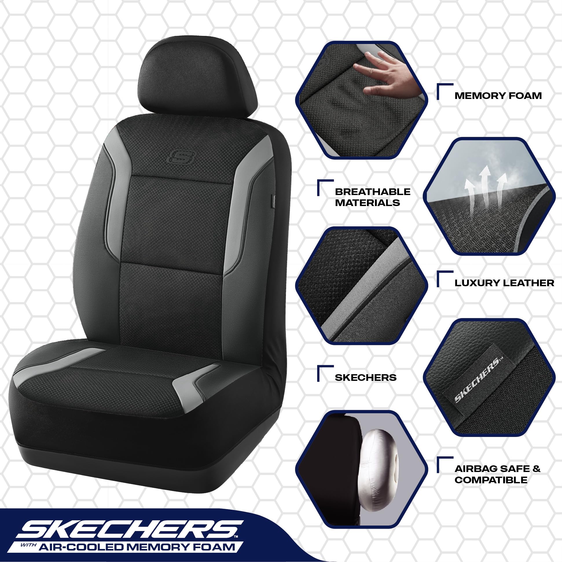Skechers seat cover seam designed for airbag compatibility benefit