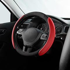 Skechers front view of steering wheel cover showing black red design and fit benefit