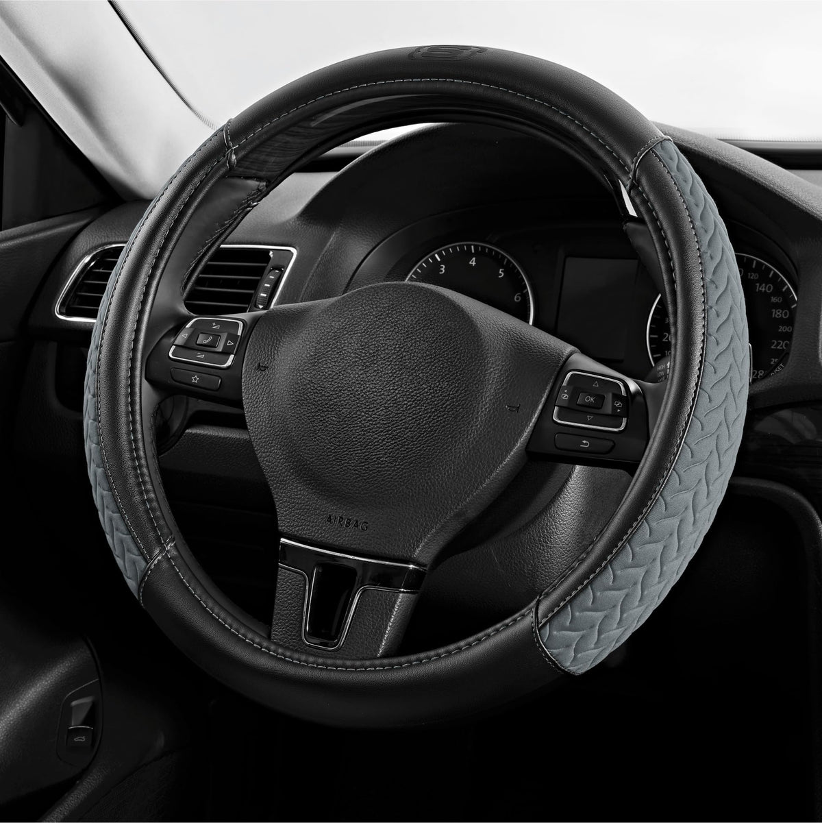 Skechers front view of steering wheel cover showing fit and aesthetic benefit