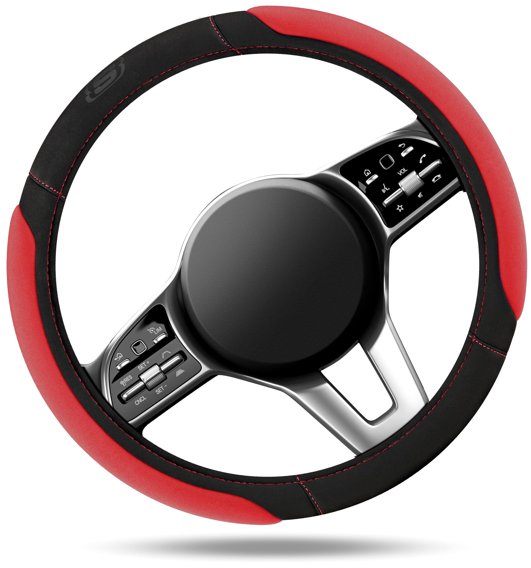 Skechers cover installed on car steering wheel demonstrating easy in-vehicle fit
