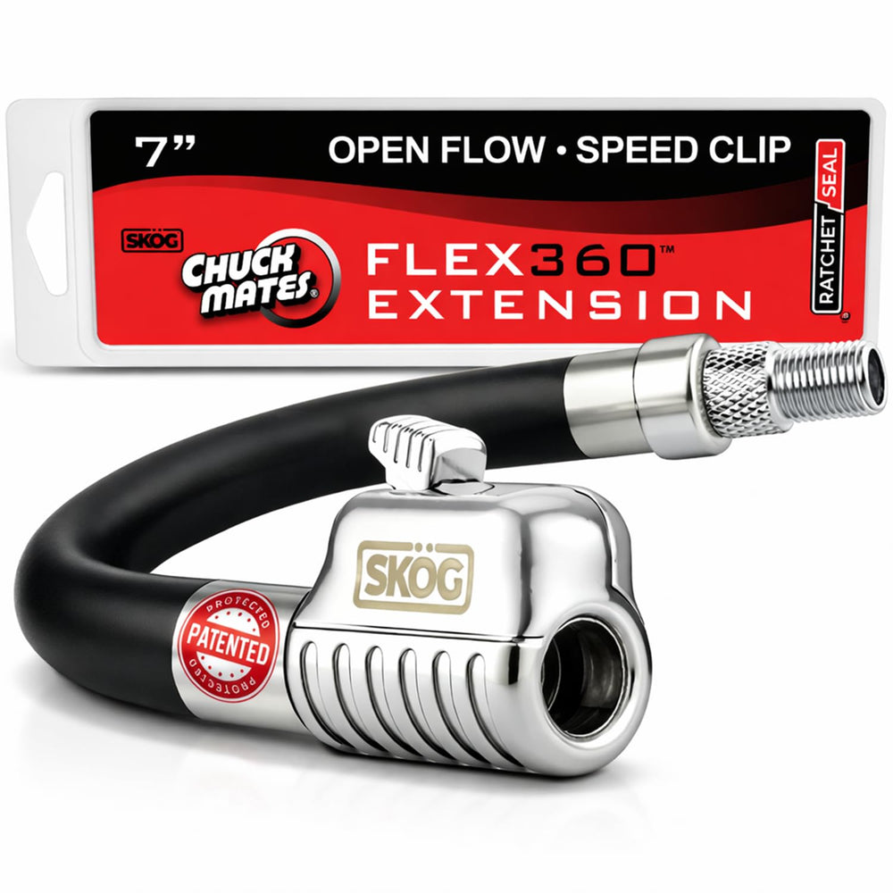 SKÖG front view of chuck mates flex360 showing push-on chuck and hose, quick connection benefit